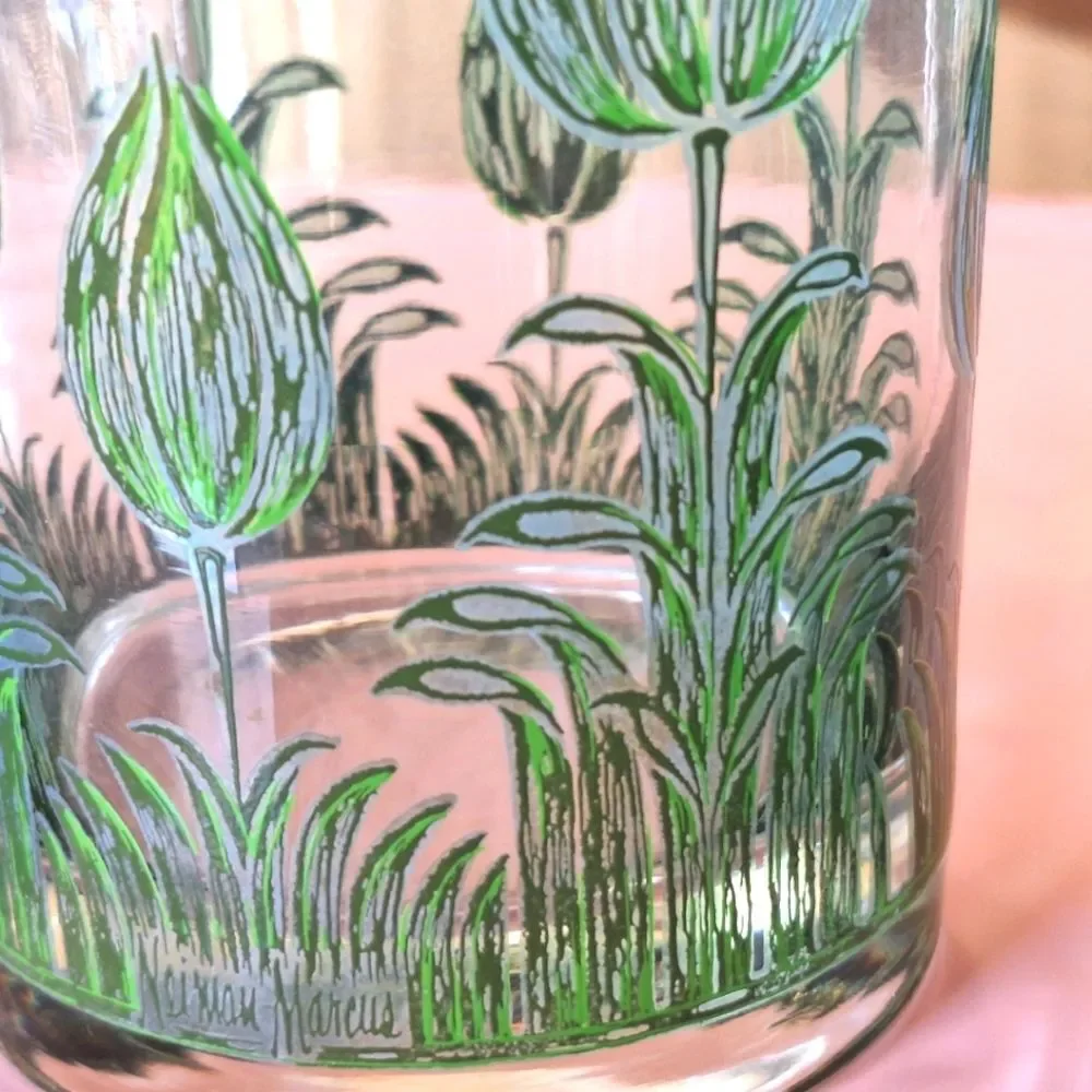 Vintage Neiman Marcus tumblers set of 4 Green Floral Design Double Old Fashioned